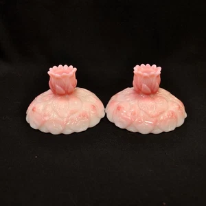 Fenton Set 2 Candle Stick Holders Waterlily Rosalene Pink1976-1979 Milk Glass - Picture 1 of 16