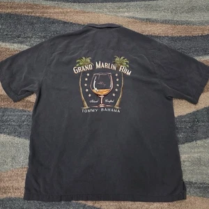 Tommy Bahama XL Camp Shirt Grand Marlin Rum Embroidered Back Palm Trees Charcoal - Picture 1 of 6
