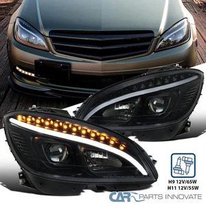 Black Fits 2008-2011 Mercedes Benz W204 Projector Headlights+LED Signal Strip - Picture 1 of 10