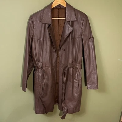 Etienne Aigner Jacket Womens Sz 14 Brown Leather Waist Tie Notched Lapel Vintage - Image 1 of 4