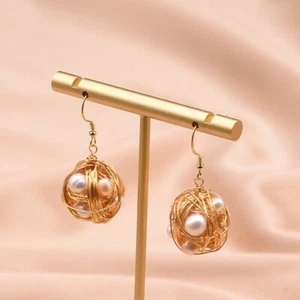 Boutique design handmade gold wire wrap ball natural freshwater pearl earring - Picture 1 of 7