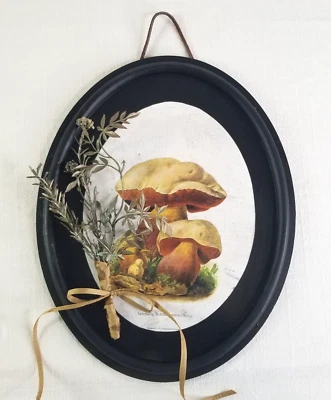 Mushrooms Print on Oval Black frame 13 x 11" - Image 1 of 4