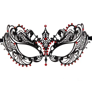 Black Light Metal Filigree Venetian Masquerade Mask for Women (Red Gems) - Picture 1 of 3