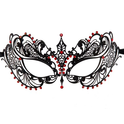 Black Light Metal Filigree Venetian Masquerade Mask for Women (Red Gems) - Image 1 of 3
