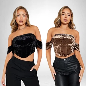 Crushed Velvet Corset Crop Top Bardot Drape Detail Black Gold Women's Summer - Picture 1 of 21