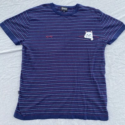 RIPNDIP Striped T-Shirt Adult Large Pocket Cat gives middle finger Mens L Tee - Image 1 of 4