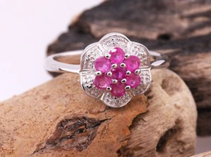 Sterling Silver 925 Natural Ruby & Diamond Flower Petal Cluster Ring Size O - Picture 1 of 8