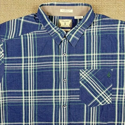 Volcom Men's Shirt L Short Sleeve Classic Fit Plaid Blue White Green Pocket New - Image 1 of 4