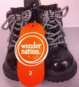 Wonder Nation Infants Patent Faux Leather Black Combat Boots Size 2 - New. (B22) - Picture 1 of 11