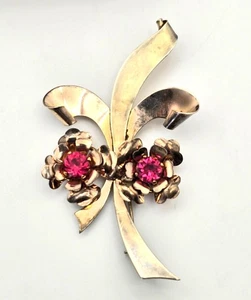 Antique Harry Iskin Gold-Filled Floral Brooch 3" Pink Rhinestones Centers - Picture 1 of 15