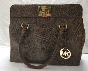 Michael Kors Astrid Python Embossed Leather Brown Handbag With Double Handles - Picture 1 of 16