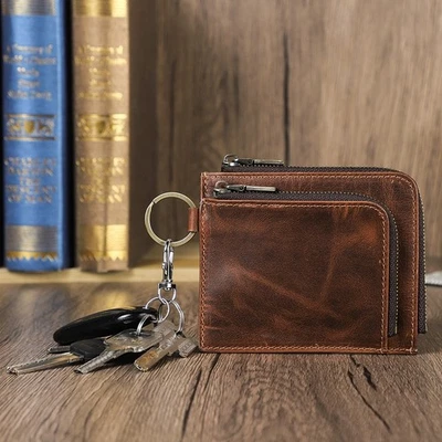 Men's RFID Leather Mini Wallet Purse AirTag Slot 6 Cards Holder + Keychain Ring - Image 1 of 4