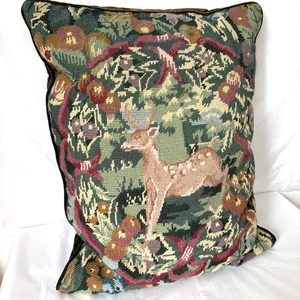 VTG Orem Needlepoint Throw Accent Pillow 16x20 Deer Floral Velvet Back - Picture 1 of 10