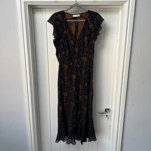 East Kleid Damen UK 14 schwarz braun Seidenmischung orientalisch Midi Fit & Flare Blumen - Bild 1 von 12