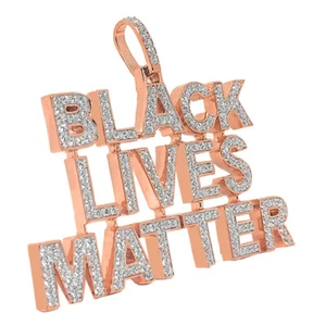 Big Rose Gold On Real Silver Black Lives Matter Simulated Diamond Pendant Charm - Picture 1 of 4