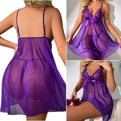 Babydoll Lencería + Ropa Interior Sexy Para Mujer Ropa de Dormir Vestido Encaje Prendas para Dormir Tanga Foto 1 de 4