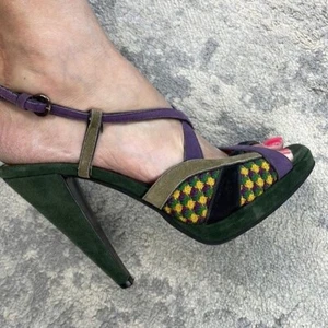 Miu Miu Suede Peeptoe Sandal Heels Strappy Green Purple Yellow Sz 39 - Picture 1 of 12