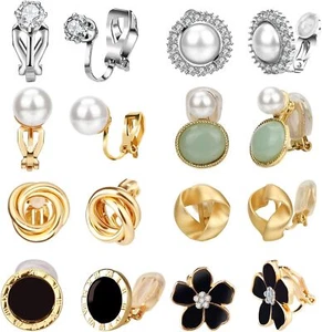 8 Pairs Clip Earrings for Women | Non Pierced Rose Flower CZ Pearl Twist Knot | - Picture 1 of 7