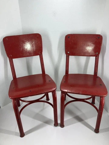 Pair Of Vintage 24” Child’s School Chair Metal Wood Red Toddler Preschool Chair Cover