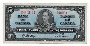 Bank of Canada 1937 $5 Five Dollars Gordon-Towers O/C Prefix EF+ King George VI - Bild 1 von 2