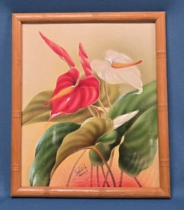 Original Vintage signiertes Blumengemälde Hale Pua (Frank Oda) Hawaii Anthurie - Bild 1 von 3