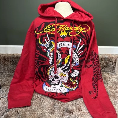 Ed Hardy Águila Calavera Serpiente Nueva York Rojo Sudadera con Capucha Pullover Para Hombre XL Foto 1 de 4