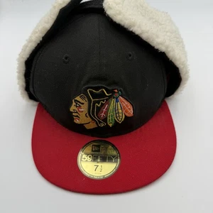 New Era Chicago Blackhawks Black Dog Ear 59fifty Fitted Hat 7 1/2 Wool Trapper - Bild 1 von 4
