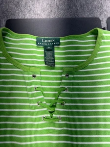 Lauren Ralph Lauren Women's Green White Stripe Medium Cotton Pull Over Shirt - Picture 1 of 8