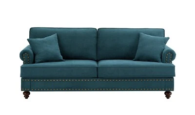 Modern Chenille Upholstered Sofa Couch with Nailhead Trim Rolled Arms Pillows - Image 1 of 4