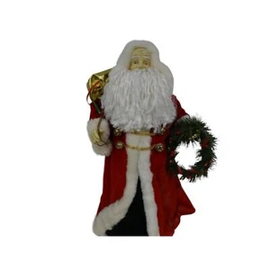 Vintage 16" Decorative Plastic Santa Claus Doll Red Velvet Coat Wreath Gold Sack - Picture 1 of 10