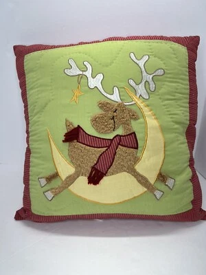 Coldwater Creek Happy Reindeer On Moon Holiday Throw Pillow 16" Embroidered - Image 1 of 4