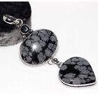 925 Silver Plated-Snowflake Obsidian Black Onyx Long Pendant Jewelry 3.4" JW