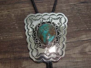 Navajo Indian Nickel Silver & Turquoise Bolo Tie - Cleveland - Picture 1 of 7