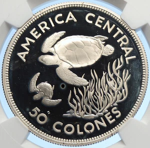 1974 COSTA RICA Conservation Sea Turtle OLD Silver 50 Colones NGC Coin i106285 - Picture 1 of 5