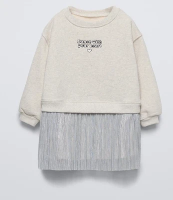 ZARA GIRLS DANCE WITH YOUR HEART COMBINATION DRESS GRAY SWEATSHIRT SILVER TUTU 6 - Image 1 of 4