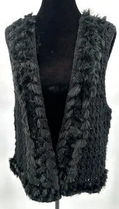 Chico's Womens Boho Crochet Open Knit Sweater Vest Size 3 Black Faux Fur Trim - Picture 1 of 8