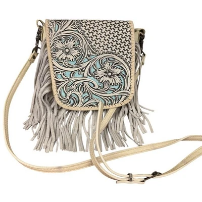 Montana West Ivory Blue Fringe Tooled Western Crossbody Purse Floral Bag Small - Image 1 of 4