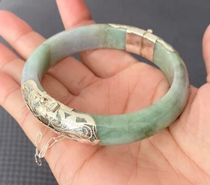 7 " 925 Silver Handmade Genuine Burmese Jade Women Bangle Bracelet US SELLER - Picture 1 of 10