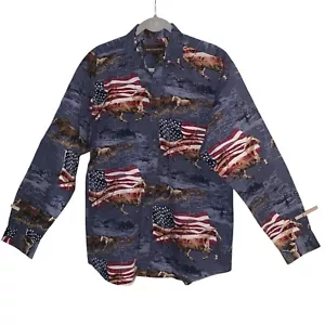 Bit and Bridle Shirt Mens L Long Sleeve Button Up Horse Print Patriotic Pockets - Picture 1 of 4