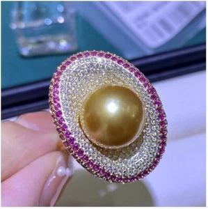 Gorgeous Huge AAAAA 11-12mm Natural South Sea Golden Round Pearl Ring 925S - Picture 1 of 2