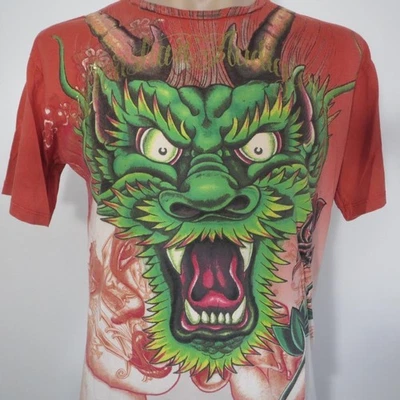 Christian Audigier XL дракон рубашка винтажный золотой фольги чернила красный белый винтажный LA - Изображение 1 из 4