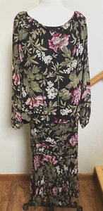 KAREN KANE-3PC SET-FLORAL SILK SKIRT/BLOUSE (XL) & BLK L/S POLY KNIT TOP (L)-EUC - Picture 1 of 16