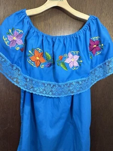 Embroidered Mexican Peasant Top L Ruffled Off The Shoulder Sleeve Boho - Picture 1 of 6