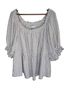 Old Navy Womens Puff Sleeve Blouse Top Size 2X Beige Cottagecore Prairie Plaid - Picture 1 of 8