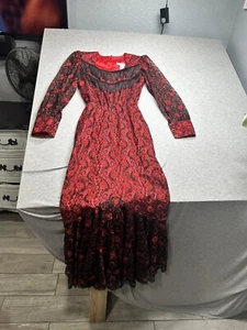VTG Lilia Smitty Red/Black Lace Fringe Western Goth Long Gown/Dress Size 3/4 - Picture 1 of 11
