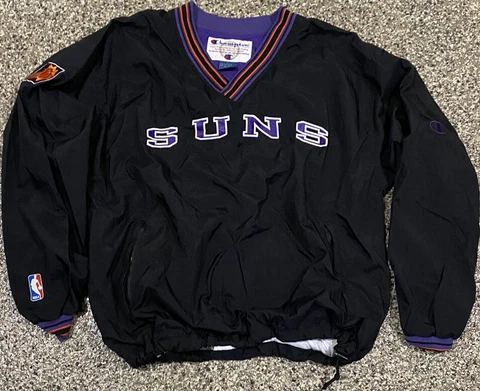 Vintage 1990’s Champion NBA Phoenix Suns Jacket Black Purple Spell Out Jacket L Cover