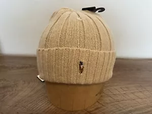 Polo Ralph Lauren Beige Wool Blend Ribbed Cuff Knit Beanie Hat Multi Color Pony - Picture 1 of 4