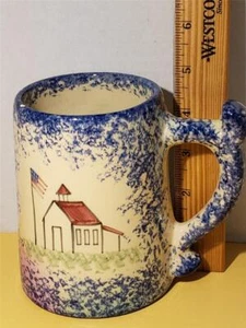VTG Molly Dallas Blue Splatter Ware Schoolhouse Flag Stoneware Speckled Cup Mug - Picture 1 of 1