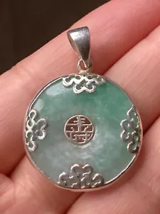 Colgante longevidad jade verde genuino plata esterlina 925 vintage - Imagen 1 de 6