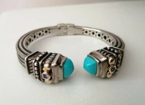 BRACCIALE ARGENTO STERLING ORO 14K Turquoise Tanzanite Silver Gold Bracelet Cuff - Picture 1 of 8